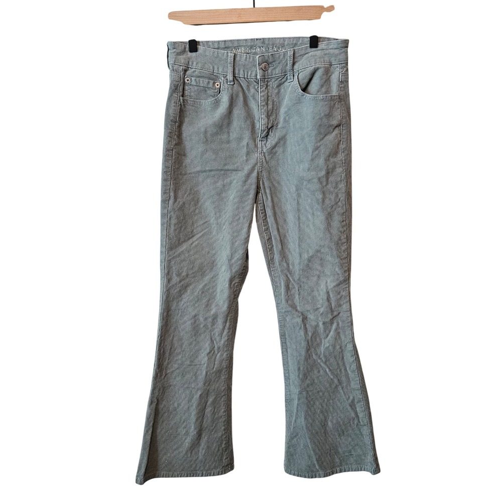 American Eagle Super Hi-Rise Flare Corduroy Pants Sage Green 8 Short Stretch